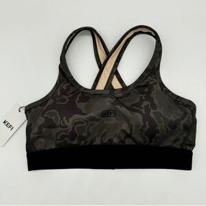 NWT KEFI Chic Black and Beige Camouflage Sports Bra